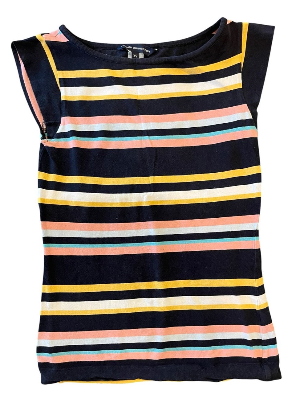 French Connection Navy Striped Tank with Yellow, Peach, White and Teal Bands